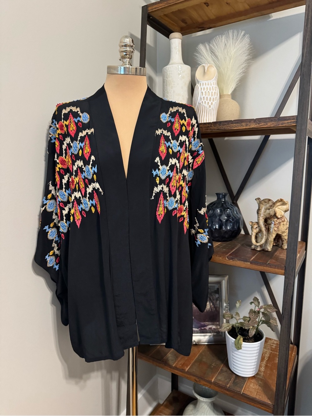 Figue Tokiko Black Kimono Top Beaded Embroidered Women’s Size M/L
